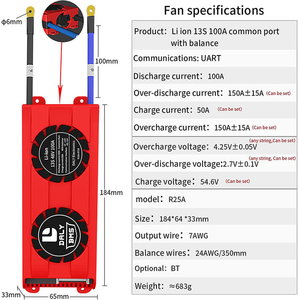 Daly smart bms Li-ion 13S 48V 100A with Fan  bluetooth 33 65 184