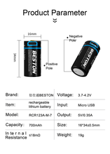 3,7 V 650 mAh ICR 16340 RCR123A Beston Lithium-Ionen-USB-Akku mit neuer Funktion