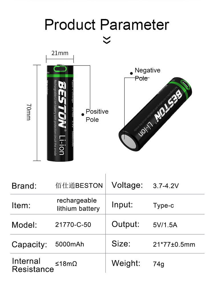 3,7 V 21700 Typ-C Wiederaufladbare Li-Ion-Beston-Batterie 5000 mAh Lithium-Batterien für Taschenlampe