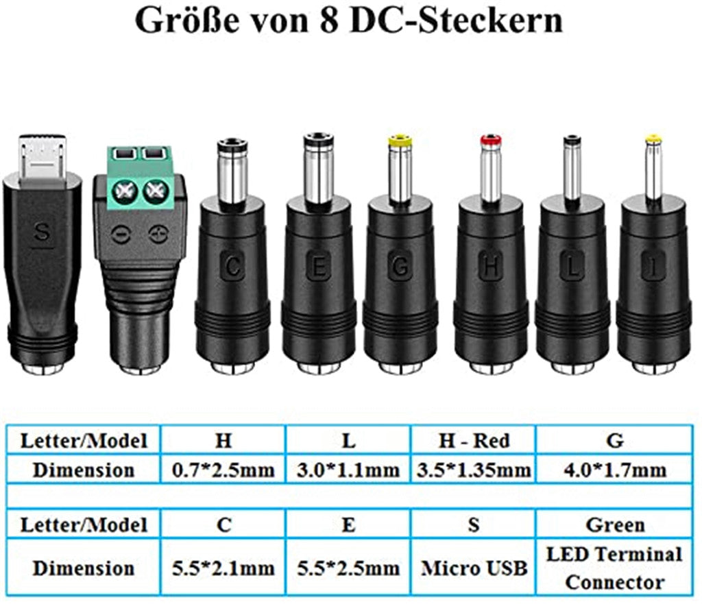 PChero 24W Universal Steckernetzteil mit 8 Abnehmbar DC Stecker für 3V-12V Haus Elektronik und USB-Geräte - 2000mA Max