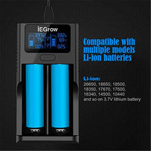 iEGrow 18650 Akkuladegerät, LCD Akkuladegerät mit USB Anschluss, 3,7 V Lithium Ionen Akkus, 2 Steckplätze