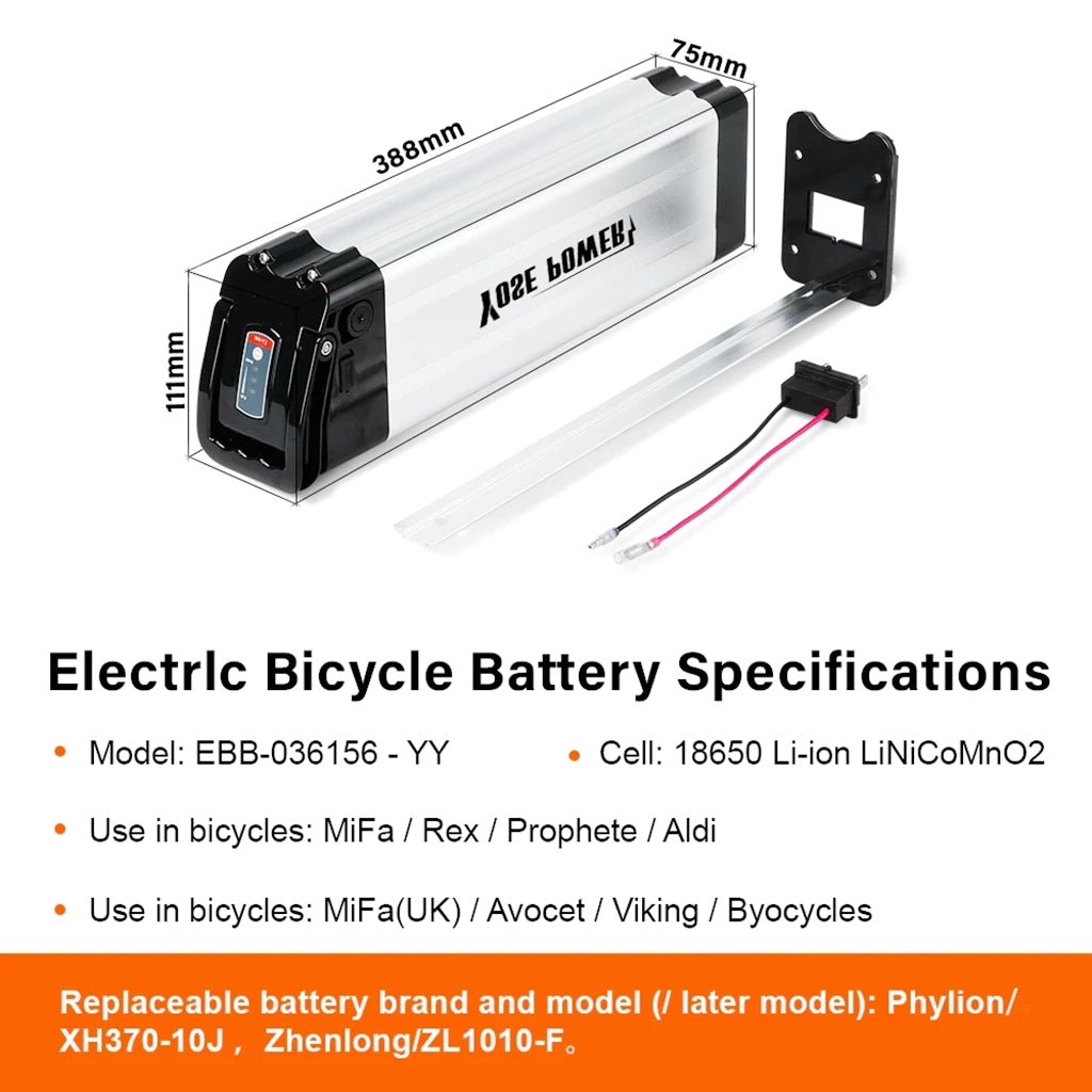 E-bike 18650 Lithium 36V 15Ah Batterie Pack mit USB  Silberfischchen Batterie für MiFa Fahrrad Phylion XH370-10J Lithium-Batterie