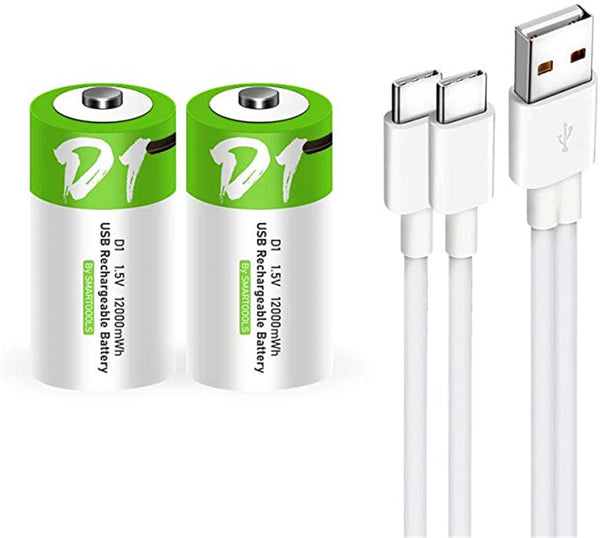 2 Stück Wiederaufladbarer USB D Lithium Ionen Akku, 1,5 V, 12000 mWh, wiederaufladbarer D Akku, 4 Stunden Schnellladung, konstanter