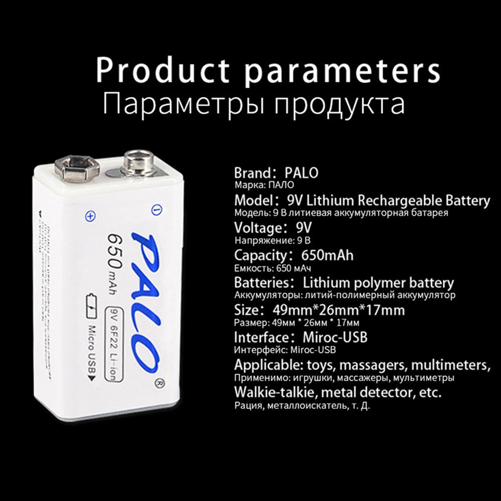 650mAh Micro USB 6F22 9V Lithium-Ionen-Lithium-Batterie für ferngesteuertes Hubschraubermodell-Mikrofonspielzeug